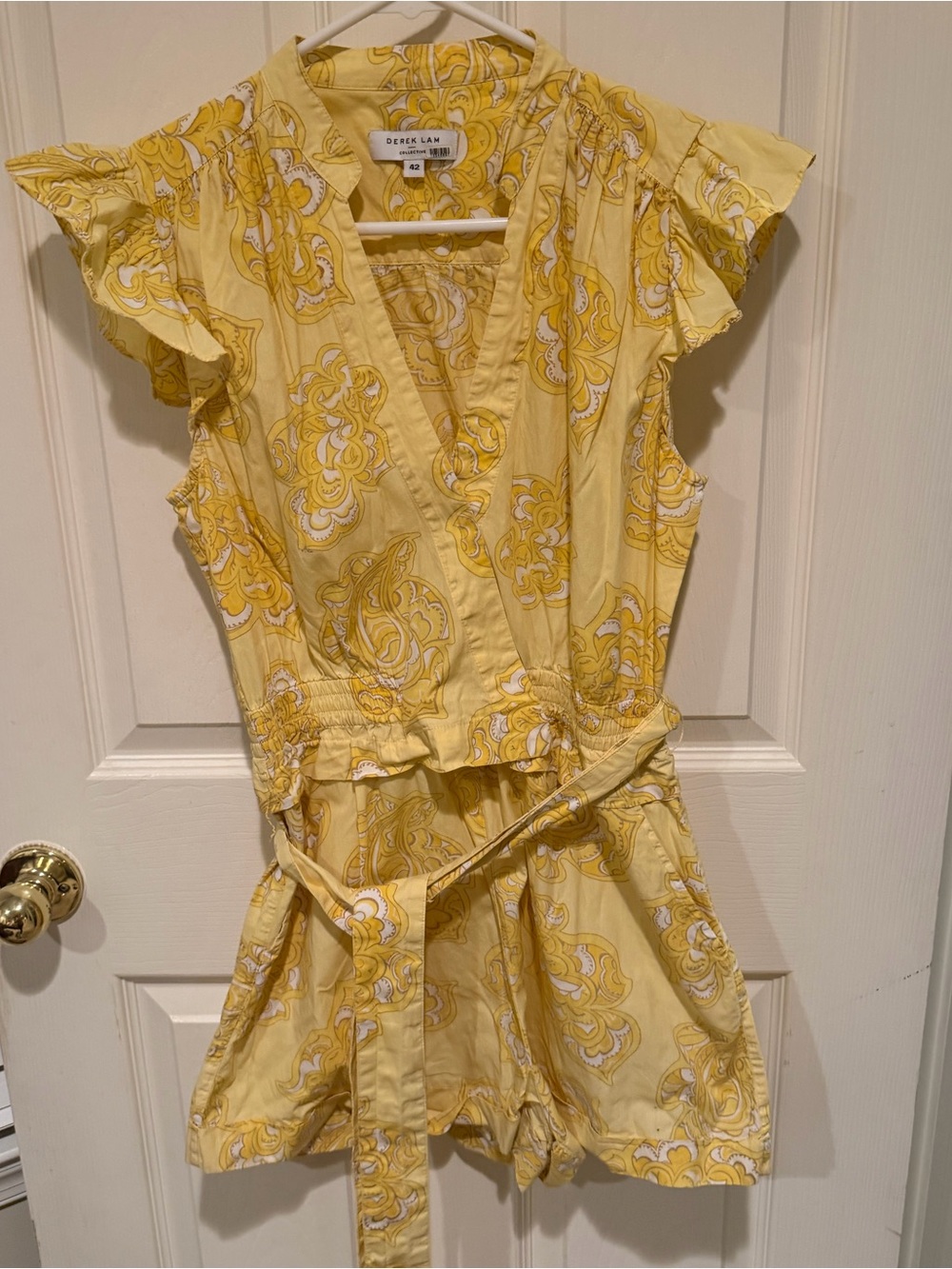Derek Lam Yellow Paisley Sleeveless Cotton Romper with Tie Waist